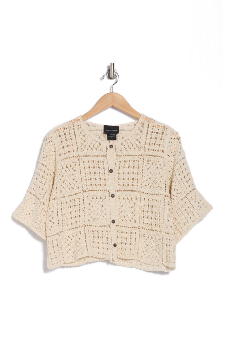 Crochet Short Sleeve Button-Up Top, Alternate, color, NATURAL