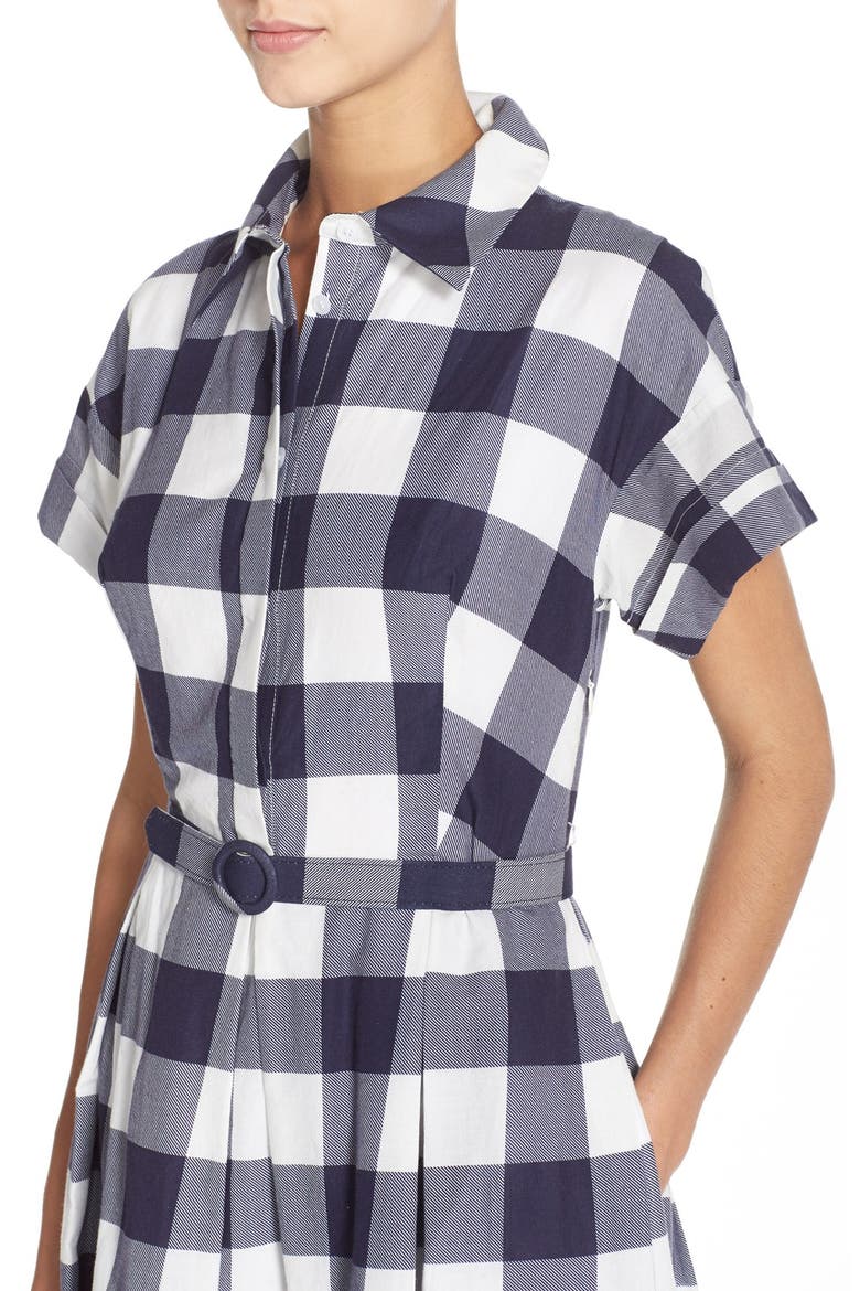 Woven Gingham Shirtdress, Alternate, color, NAVY/ IVORY