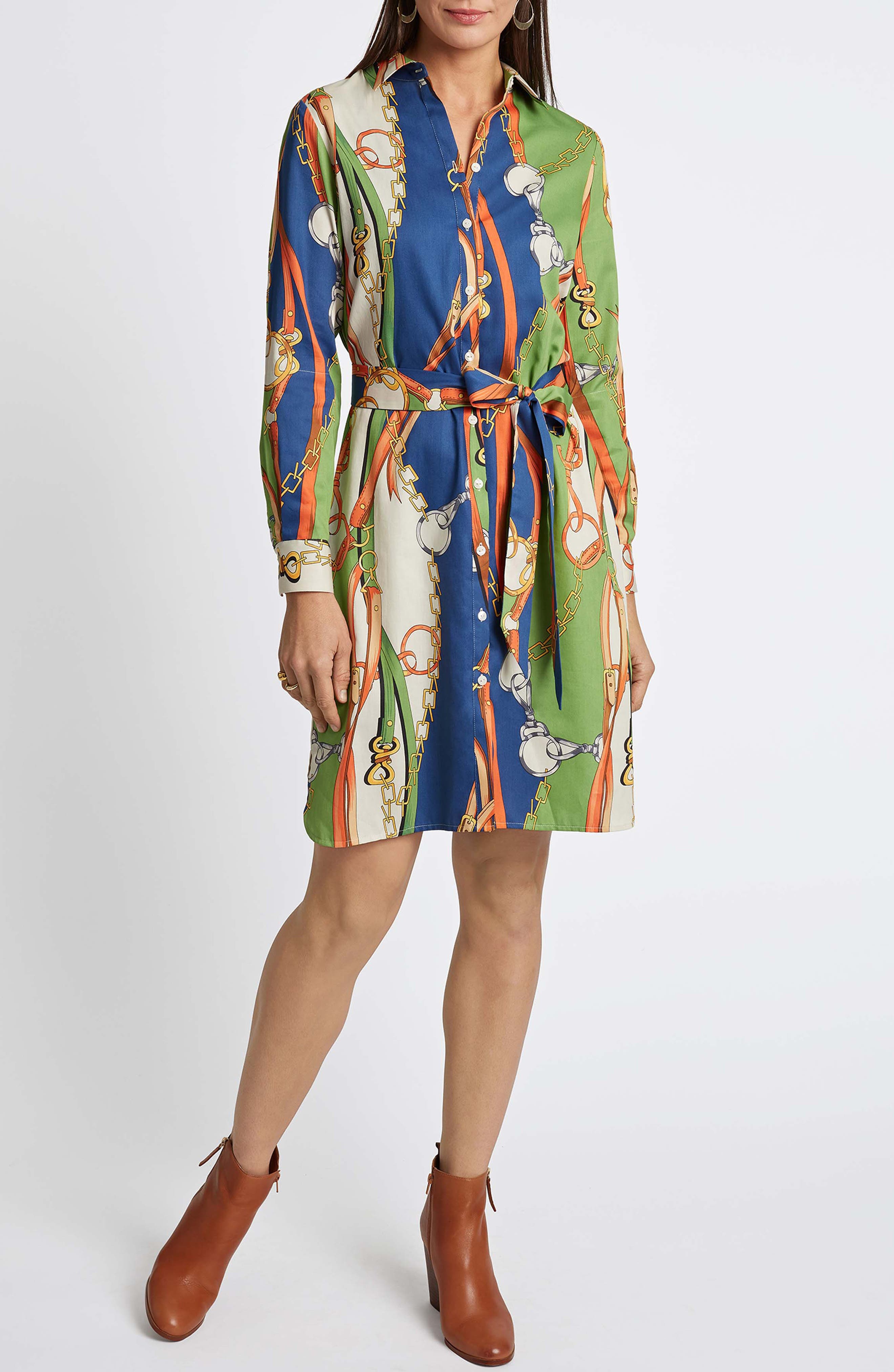 Foxcroft Rocca Chain Print Belted Long Sleeve Shirtdress