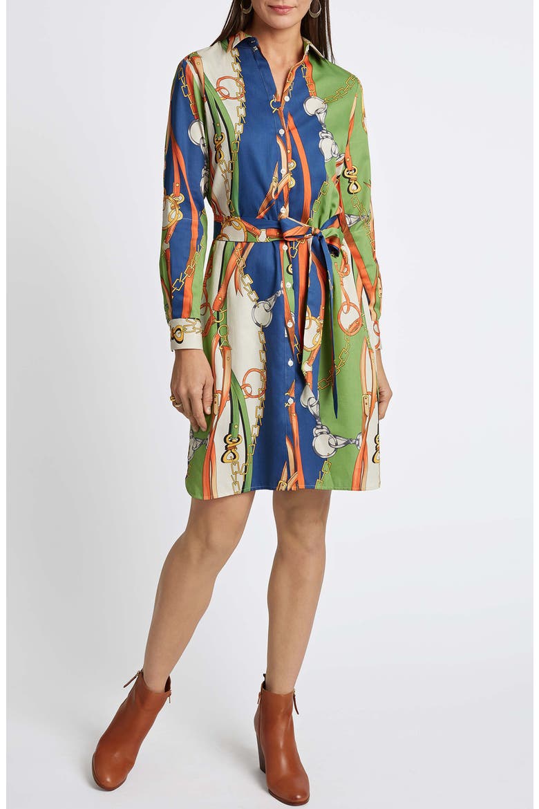 Rocca Chain Print Belted Long Sleeve Shirtdress, Main, color, GREEN MULTI