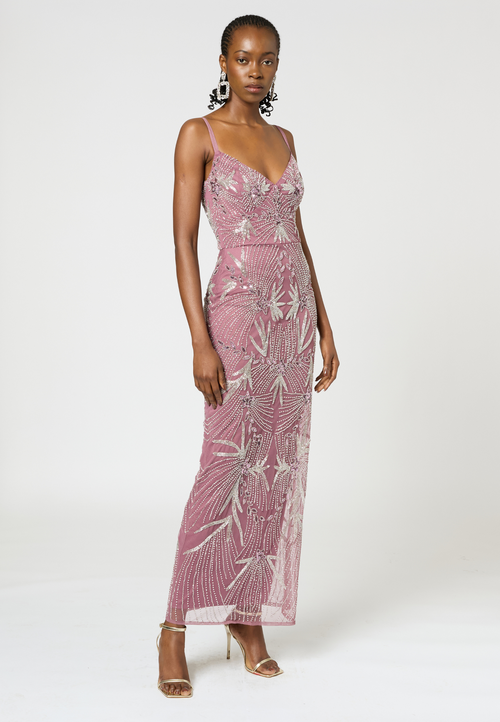 Shop Beauut Occasion Embellished Sequin Beaded Adjustable Strap Evening Dress In Mauve