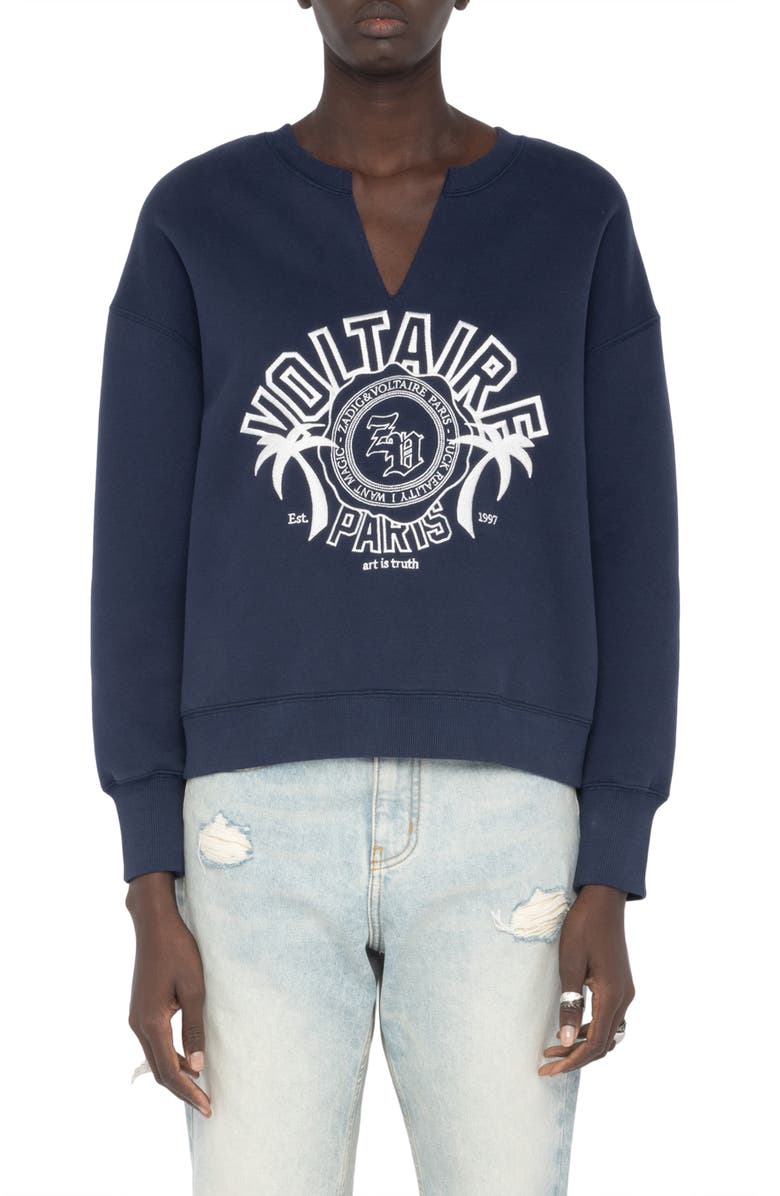 Zadig & Voltaire Olive Split Neck Graphic Sweatshirt, Main, color, Encre