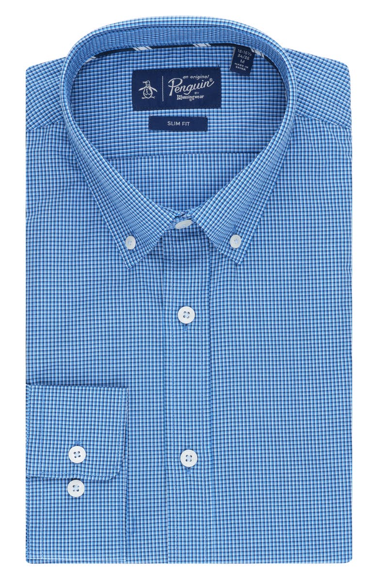 Original Penguin Compact Check Slim Fit Dress Shirt, Main, color, Blue