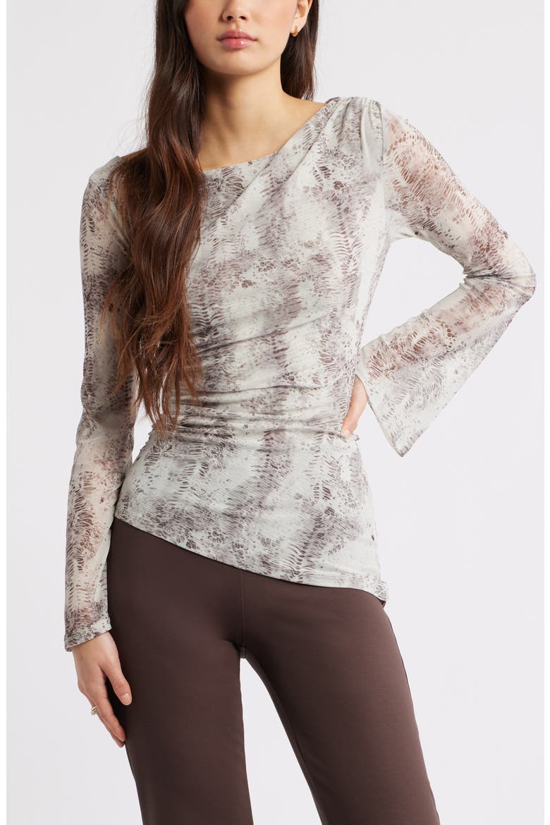 Mesh Bell Sleeve Top, Main, color, GREY- BROWN SPOTTED ABSTRACT