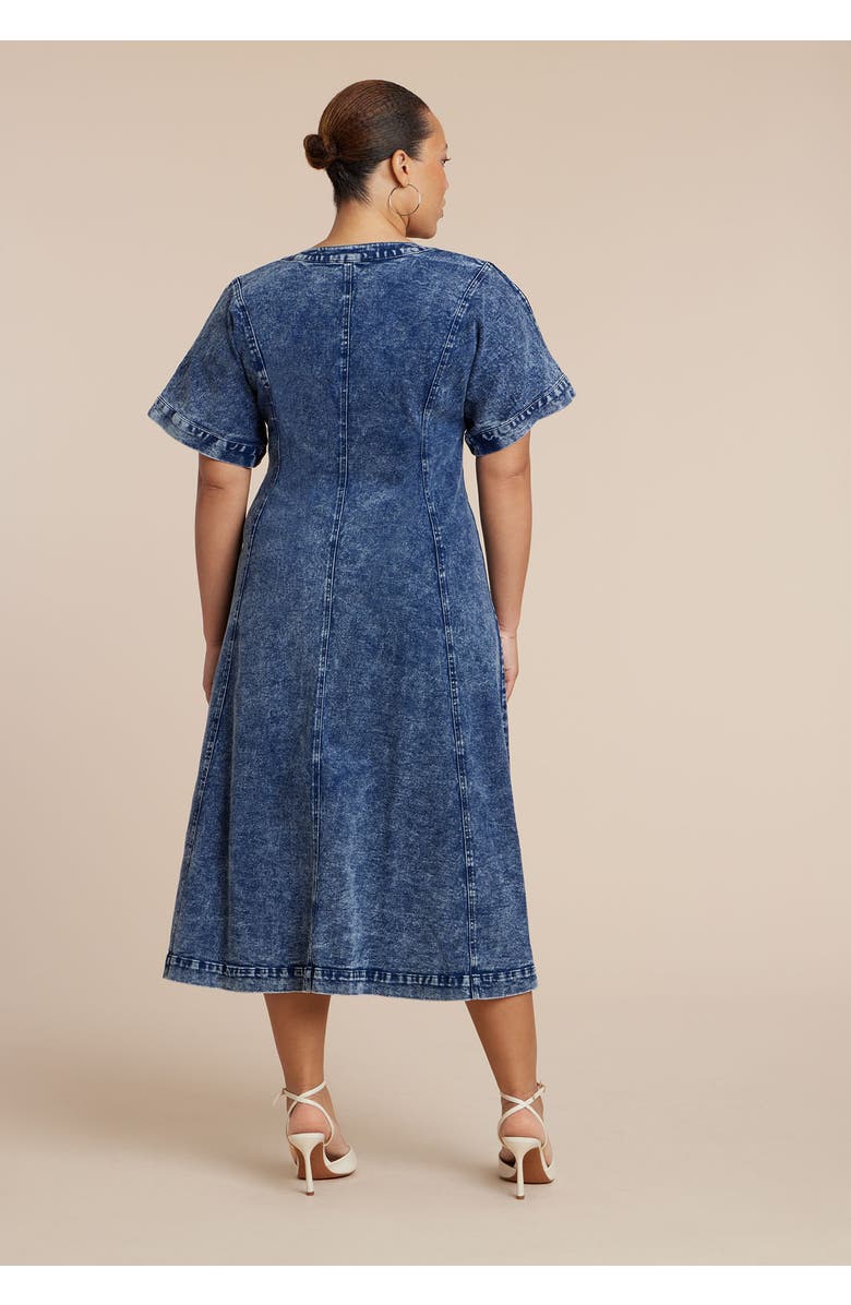 ELOQUII V Neck Flare Denim Dress, Alternate, color, Blue Snow Wash
