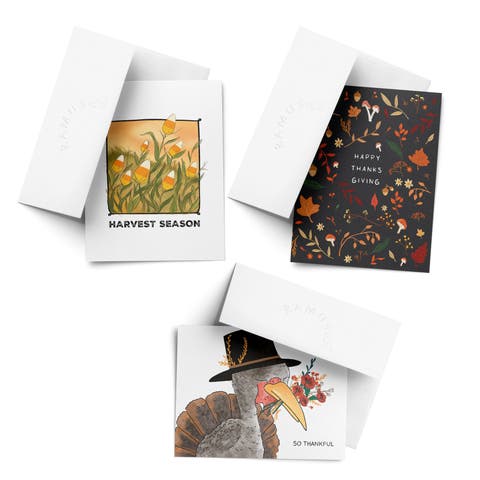 Harvest Season, So Thankful, Happy Thanksgiving Fall/Autumn Greeting Card Pack Sets (3 ct, Assorted)
