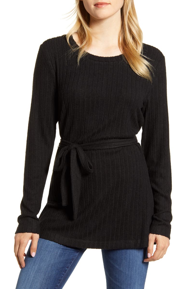 Bobeau Ribbed Knit Cozy Belted Top, Main, color, 