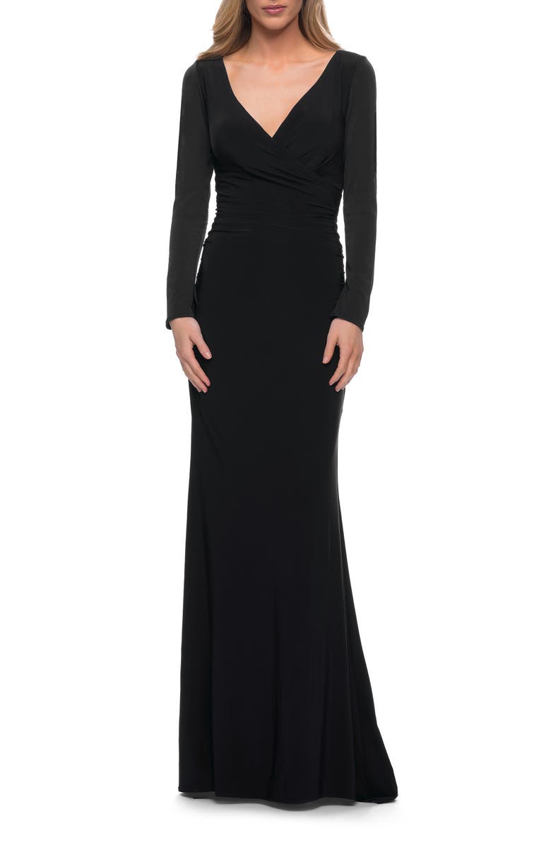 La Femme Long Sleeve Jersey Evening Dress with Ruching, Main, color, Black