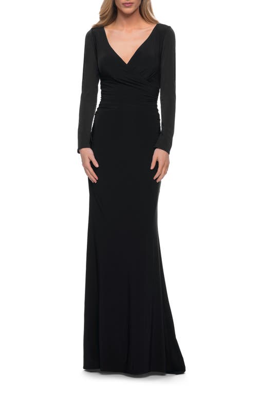 LA FEMME LA FEMME LONG SLEEVE JERSEY EVENING DRESS WITH RUCHING
