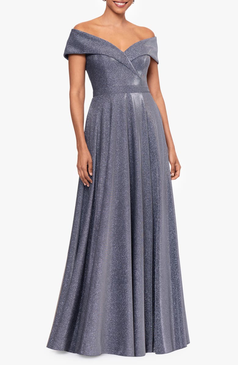 Xscape Evenings Glitter Off the Shoulder Gown, Main, color, 