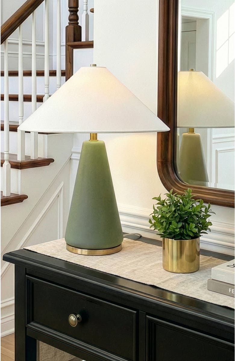 Brightech Dawn 19" Green Matte LED Table Lamp with Ivory Cotton Cone Shade and Brass Base, Alternate, color, Green