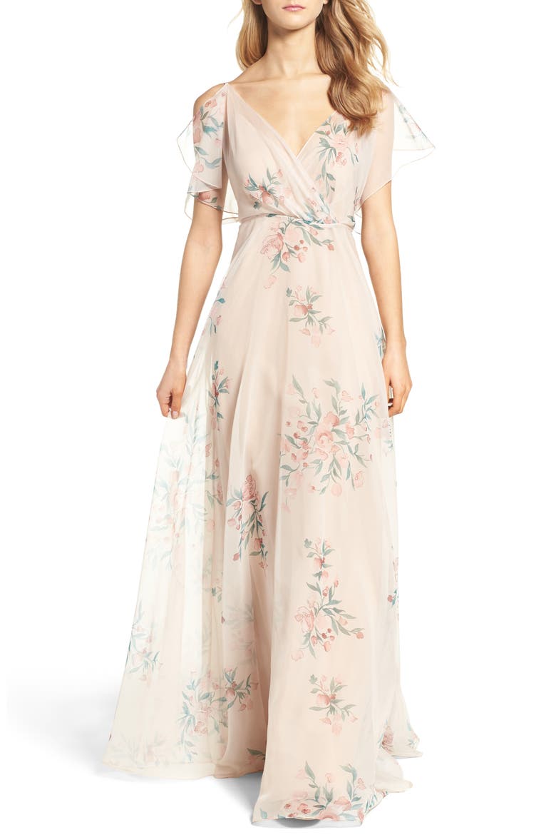 Cassie Flutter Sleeve Surplice Gown, Main, color, BLUSH CHAI