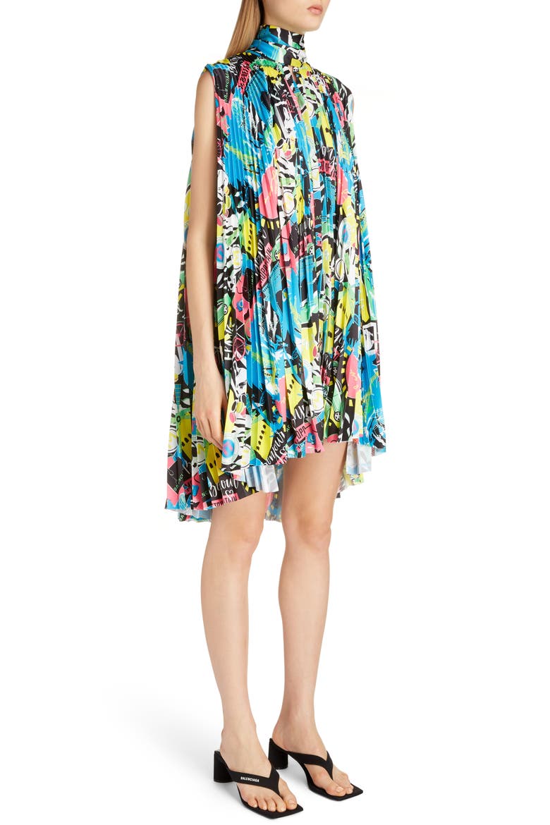 Paris Pleat High/Low Shift Dress, Alternate, color, BLACK/ PINK/ BLUE