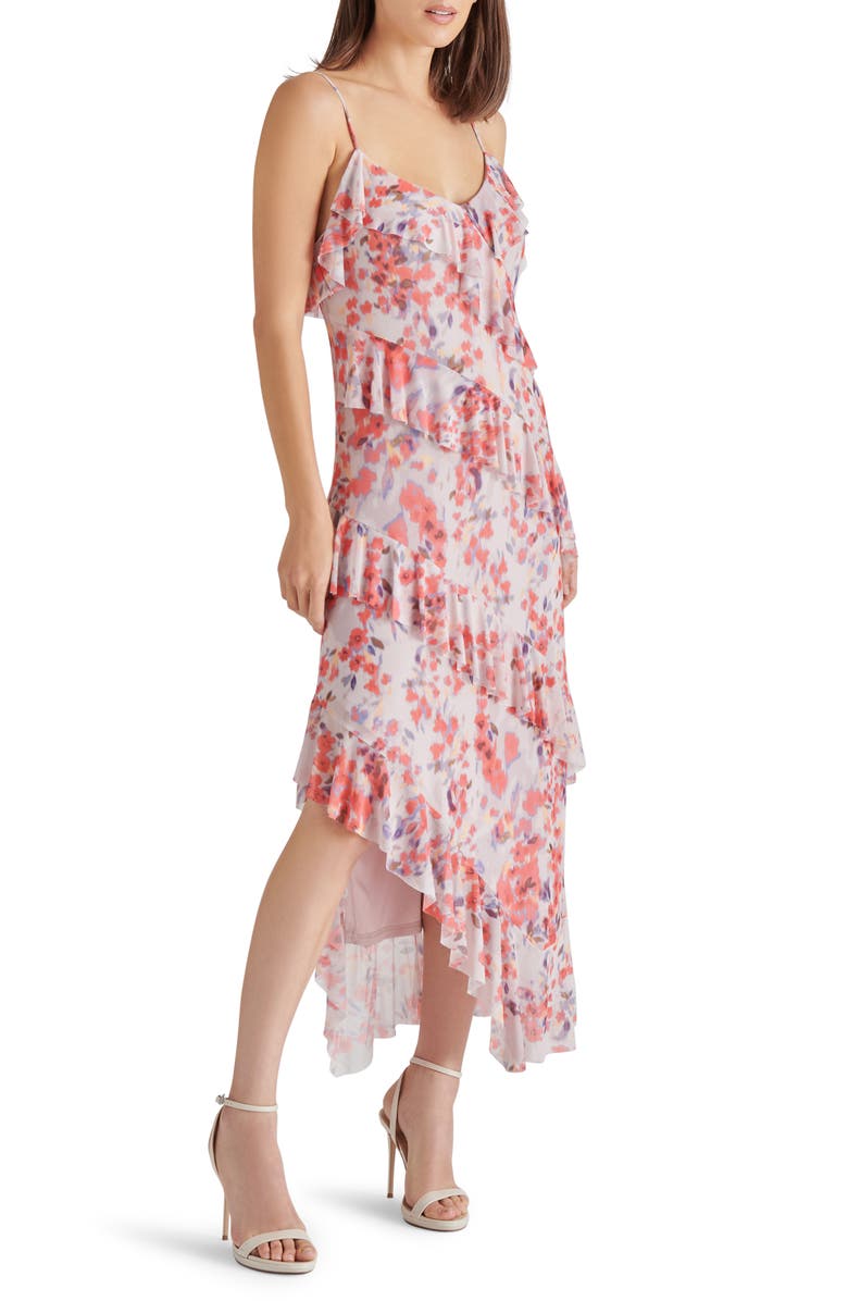 Steve Madden Aida Floral Print Ruffle Sleeveless Asymmetric Midi Dress, Alternate, color, 