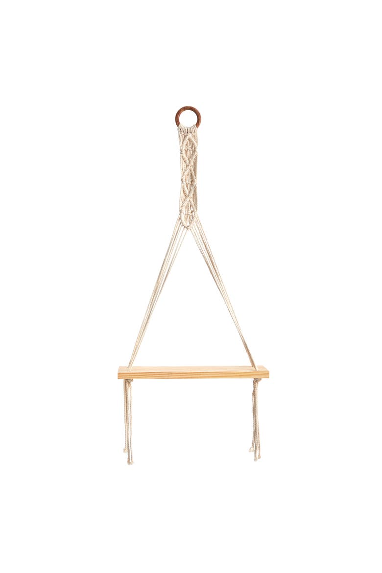 14-in x 24-in Handmade Macrame Wall Hanging with Wooden Shelf, Main, color, Cream
