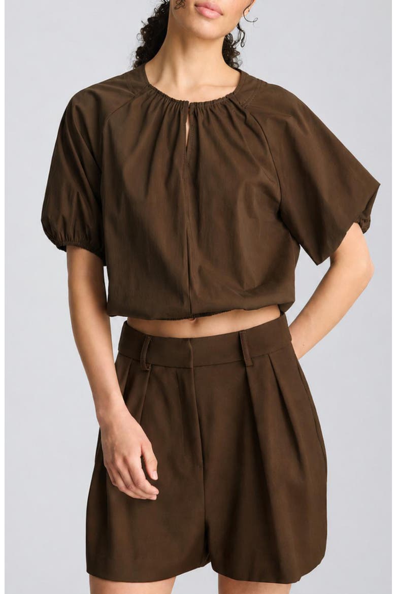 Shirred Raglan Sleeve Crop Bubble Hem Cotton Blend Top, Main, color, BRUNETTE