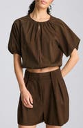 Kenneth Cole Shirred Raglan Sleeve Crop Bubble Hem Cotton Blend Top