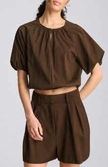 Shirred Raglan Sleeve Crop Bubble Hem Cotton Blend Top