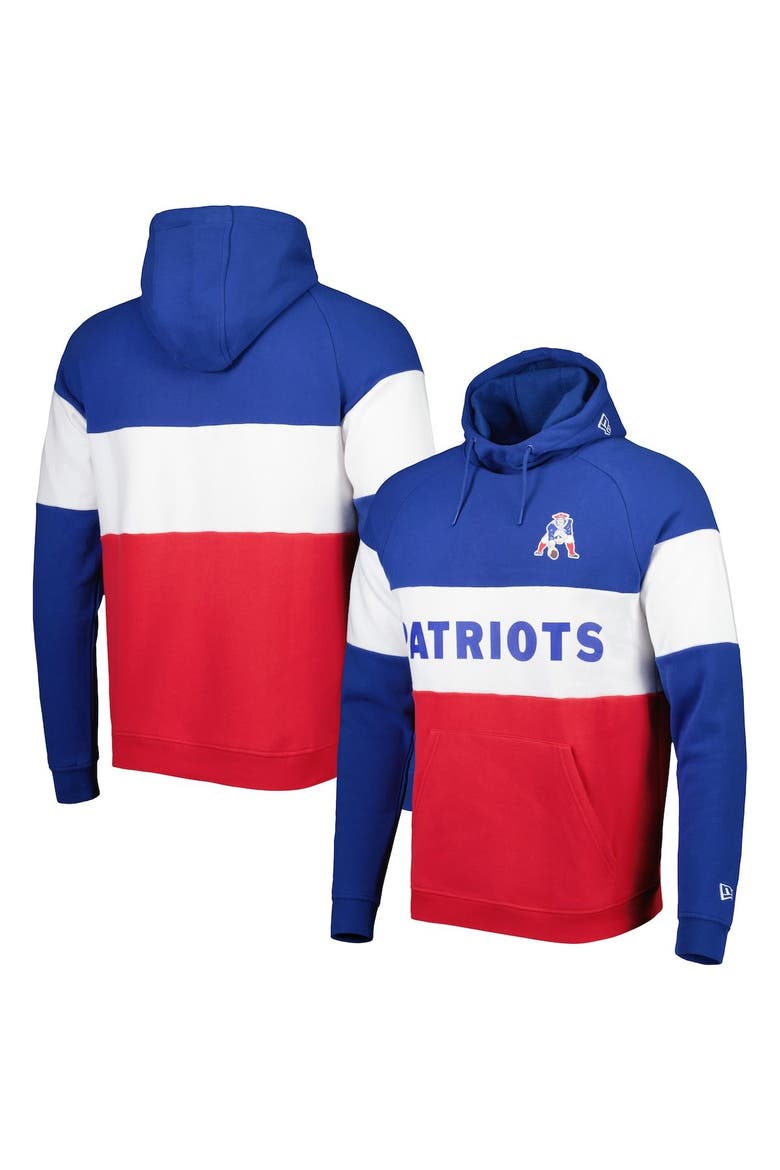Men's New Era Red/Royal New England Patriots Colorblock Throwback Pullover Hoodie, Main, color, Red