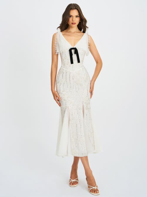 Miss Circle Paola Peter Pan Collar Beaded Sequin Mermaid Midi Dress In White