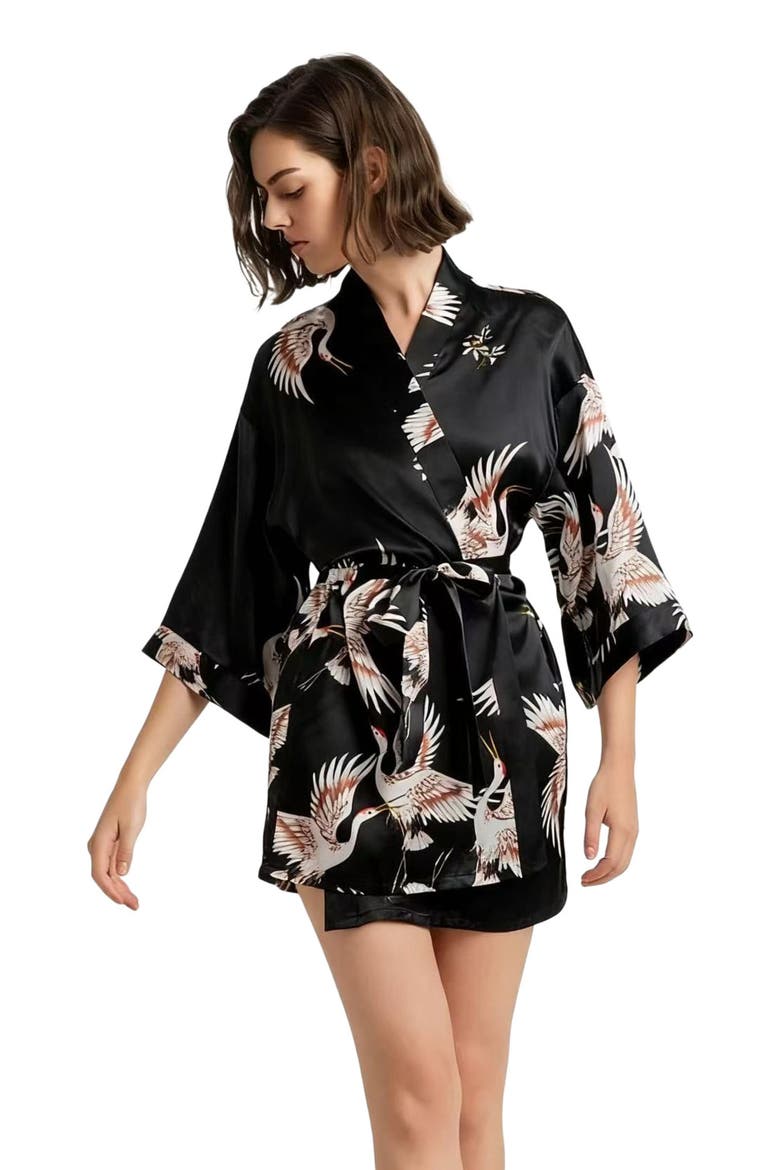 19Momme Pure Silk Printed Short Robe, Main, color, Black