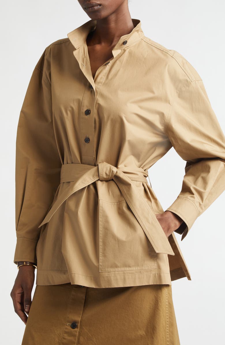 Saint Laurent Belted Cotton Serge Button-Up Tunic, Alternate, color, Sable Mouille