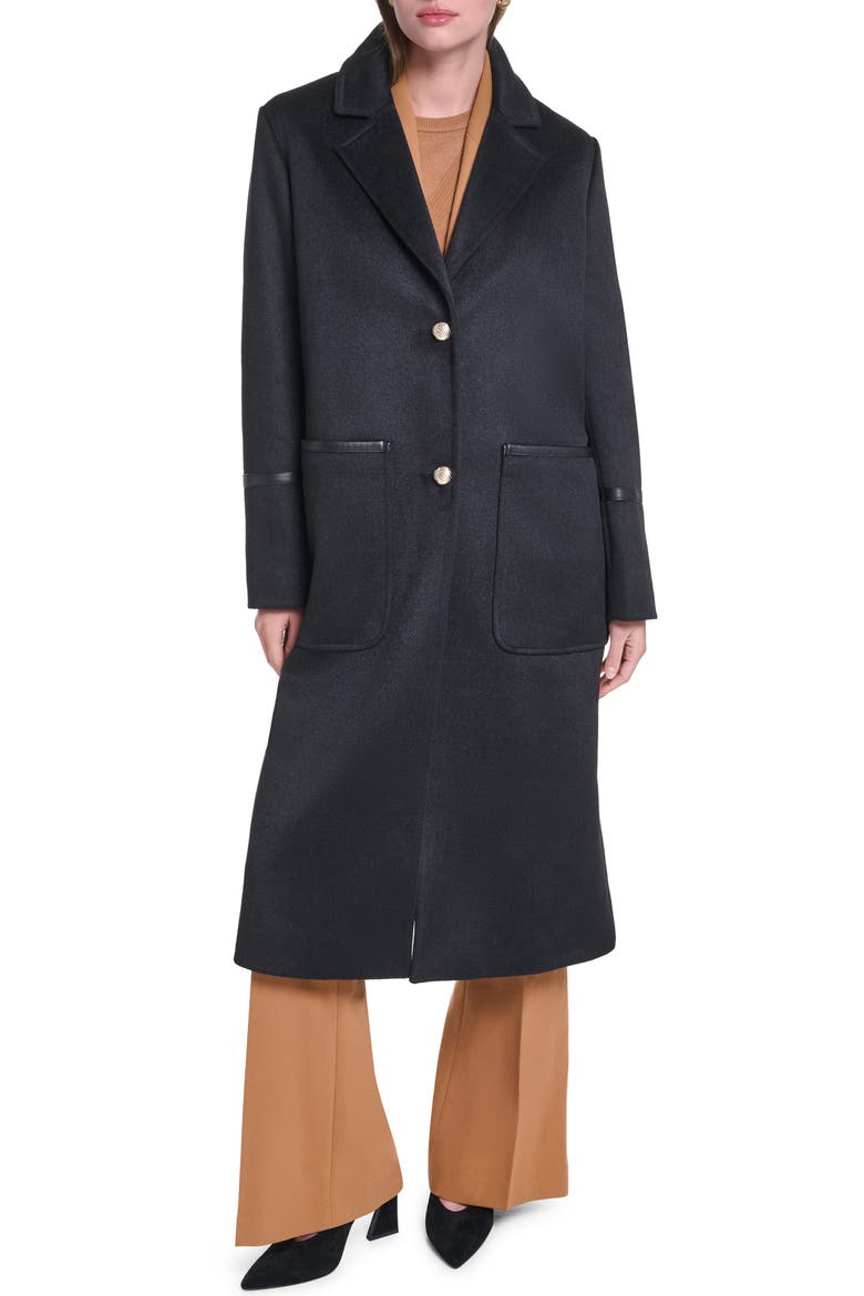 Single Breasted Coat with Faux Leather Trim, Main, color, BLACK