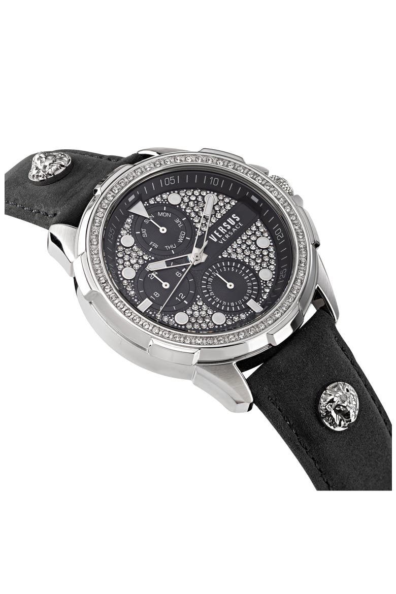 6E Arrondissement Crystal Multifunction Leather Strap Watch, 46mm, Alternate, color, STAINLESS STEEL/ BLACK