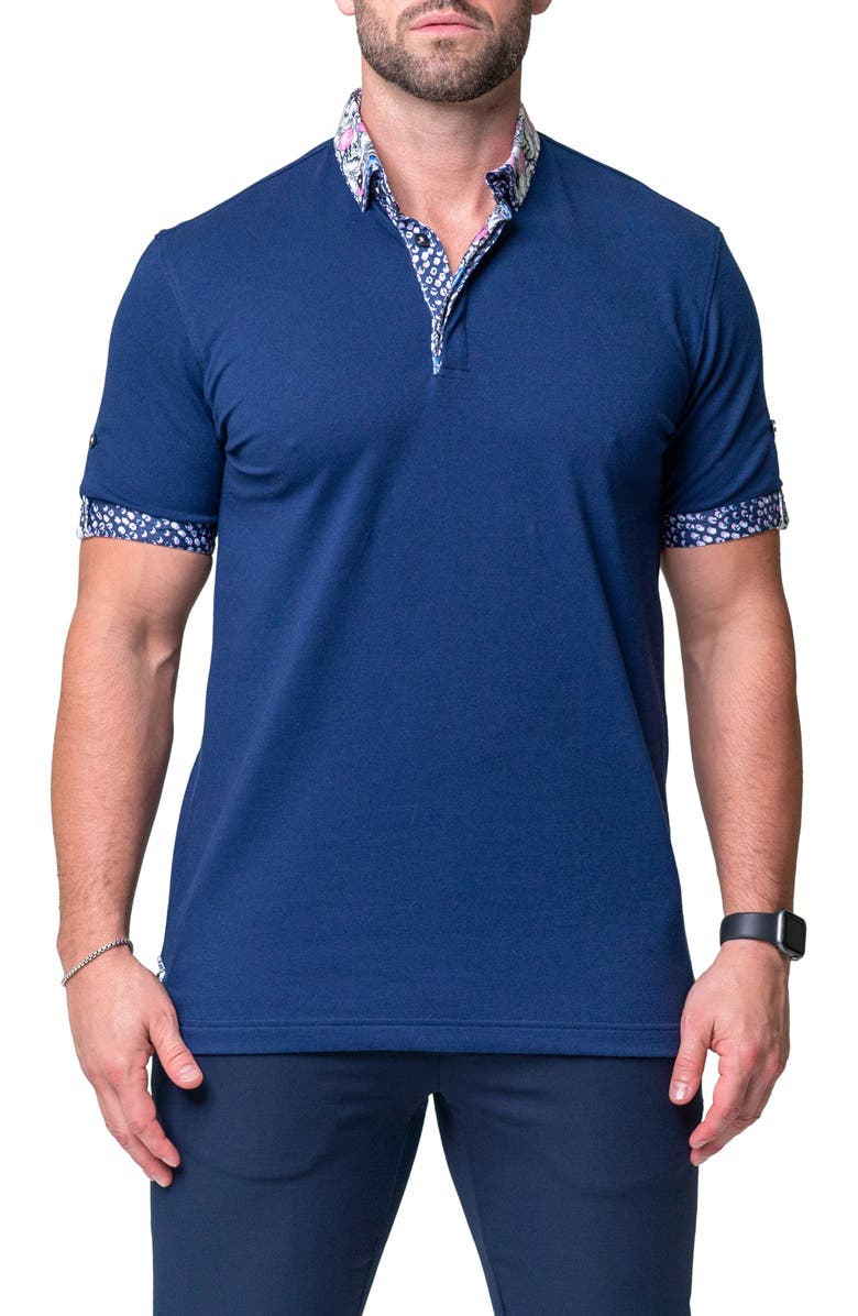 Maceoo Mozart Solid Monkey Blue Piqué Button-Down Polo, Main, color, Blue