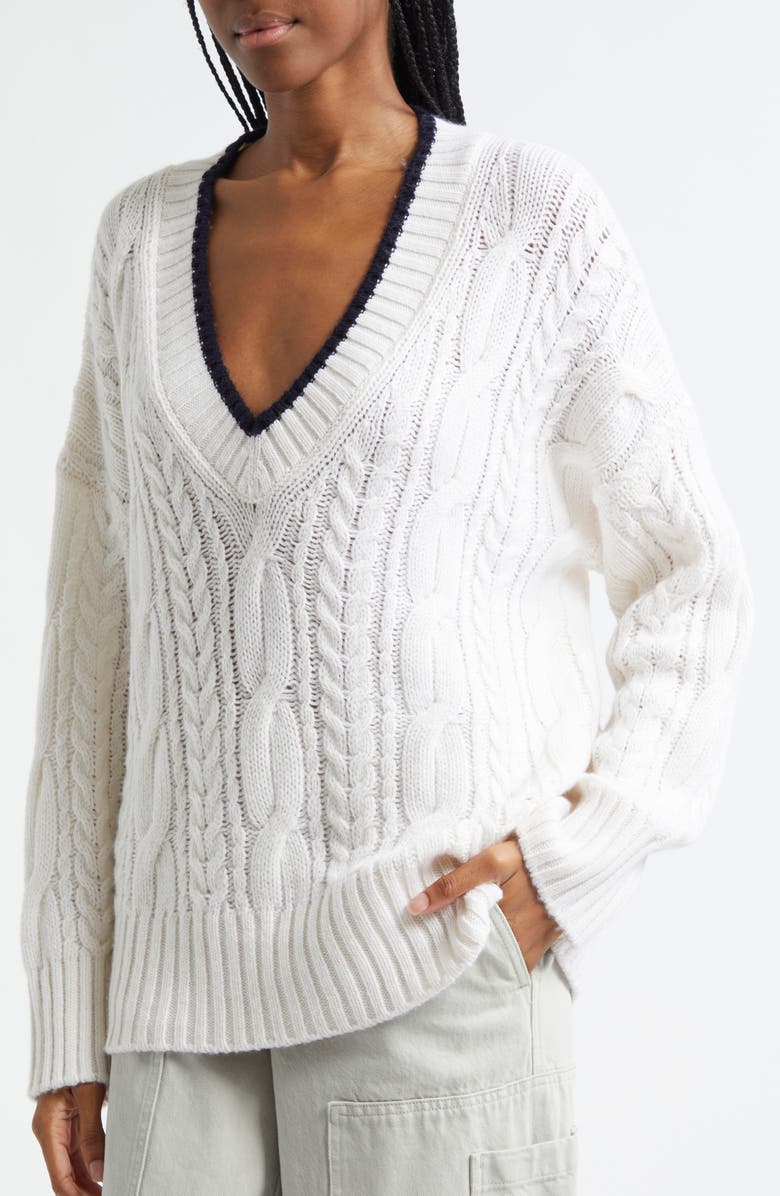 Vince Oversize V-Neck Wool & Cashmere Cable Sweater, Alternate, color, Off White/ Coastal