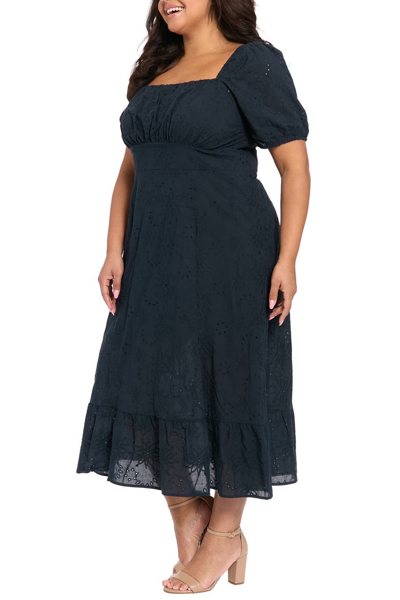 Square Neck Smocked Eyelet Midi Dress, Alternate, color, MARTM NAVY