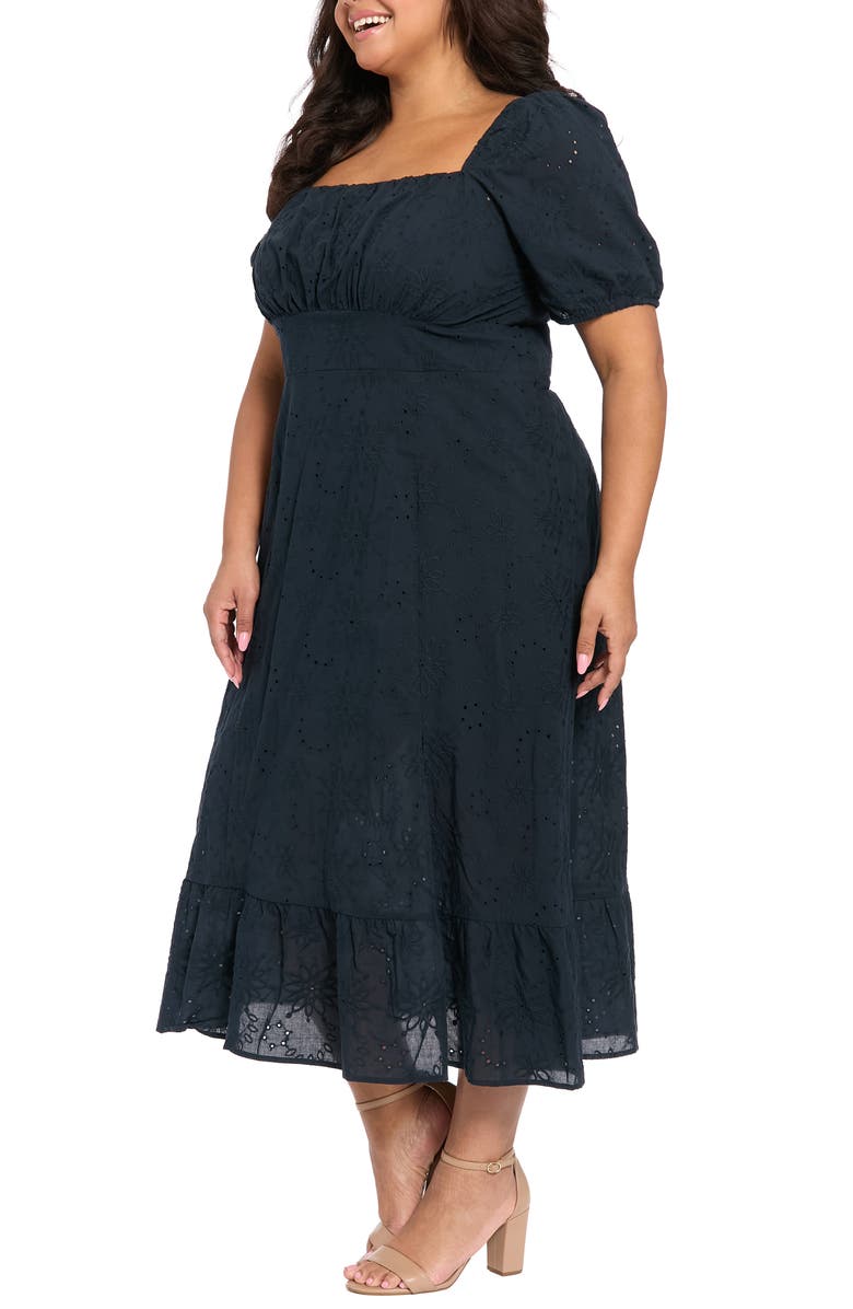 London Times Square Neck Smocked Eyelet Midi Dress, Alternate, color, Martm Navy