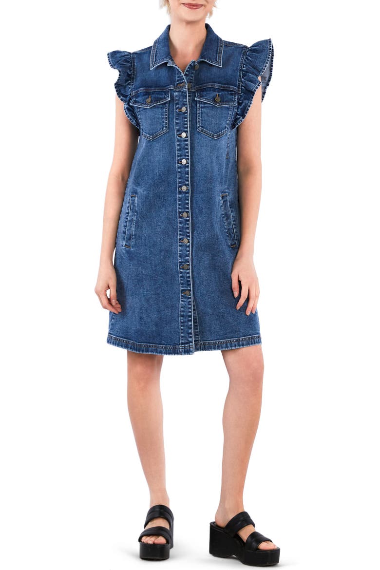 Ruffle Cap Sleeve Denim Dress, Main, color, SHARK BLUE