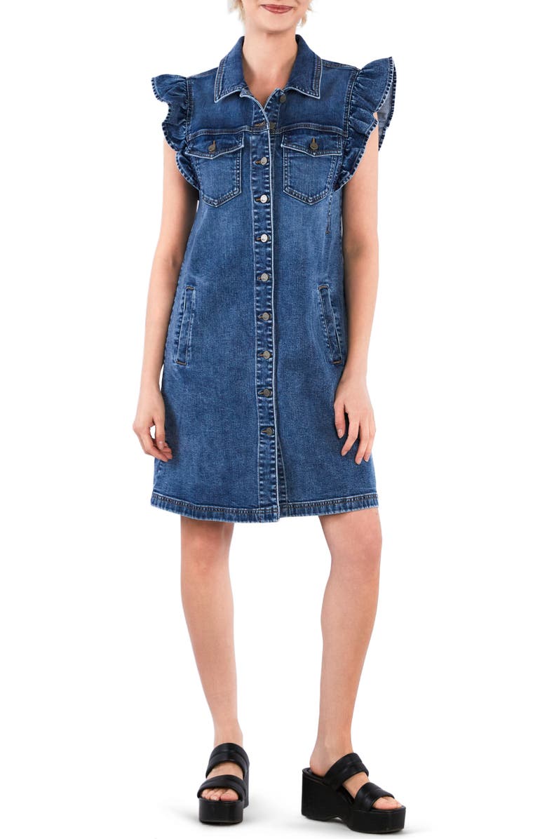 Wash Lab Denim Ruffle Cap Sleeve Denim Dress, Main, color, Shark Blue