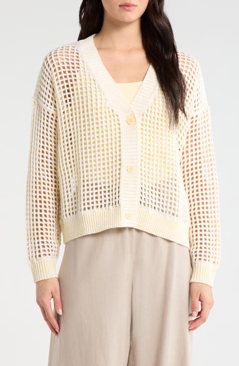 Camellia Openwork V-Neck Cotton Blend Cardigan