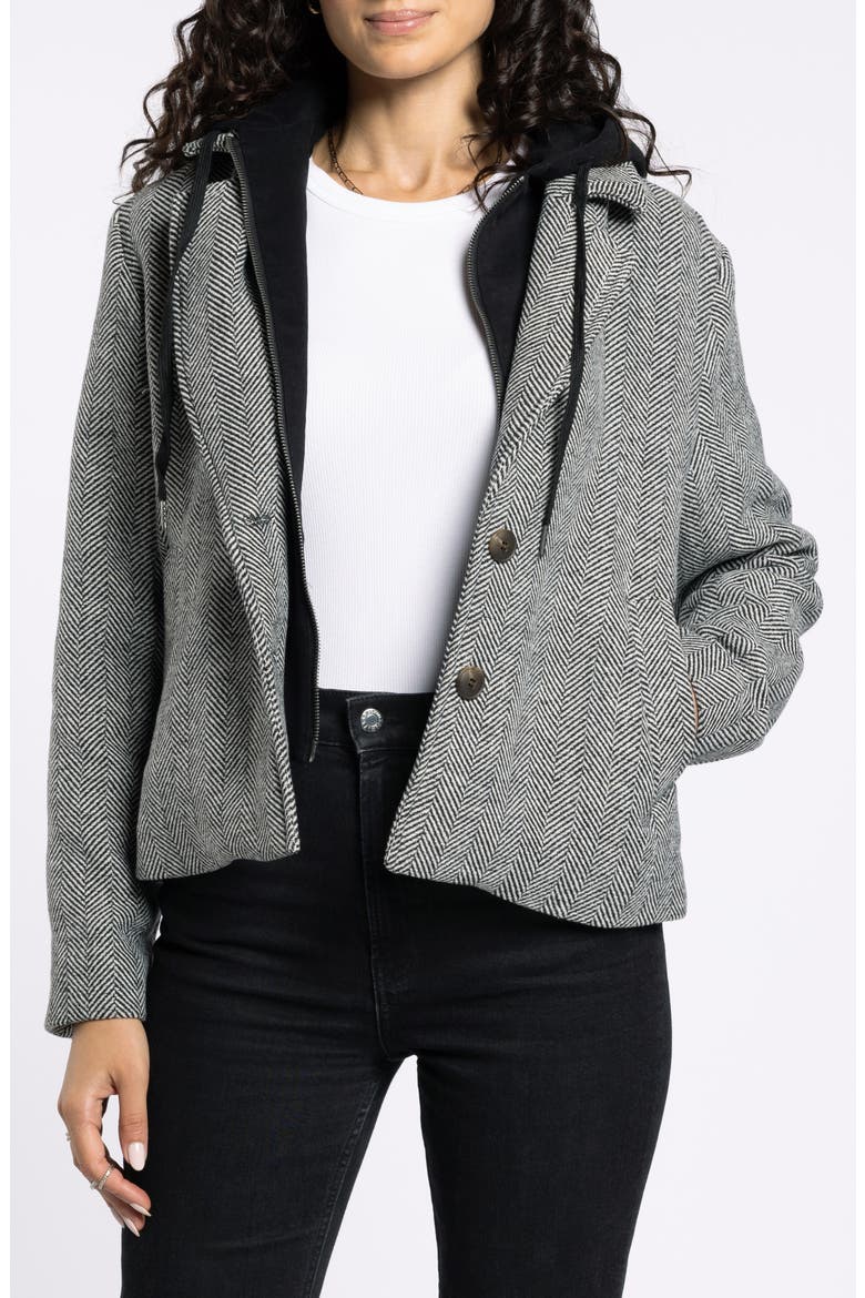 Alejandra Herringbone Coat with Bib Hoodie, Main, color, CHARCOAL MELANGE