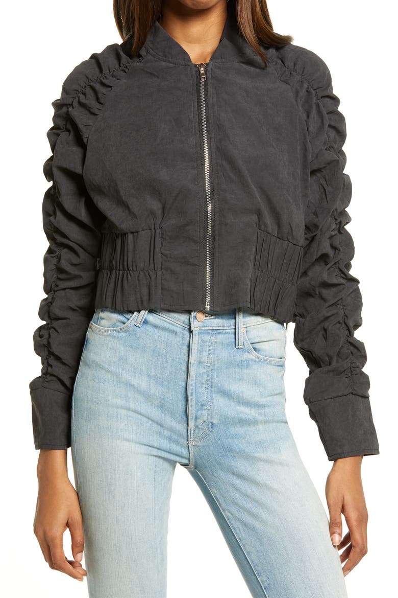 Ruched Sleeve Crop Bomber Jacket, Alternate, color, BLACK