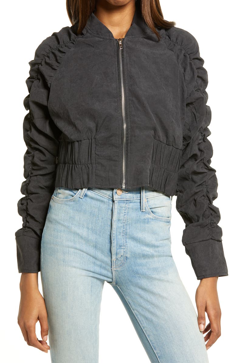 Amy Lynn Ruched Sleeve Crop Bomber Jacket, Alternate, color,