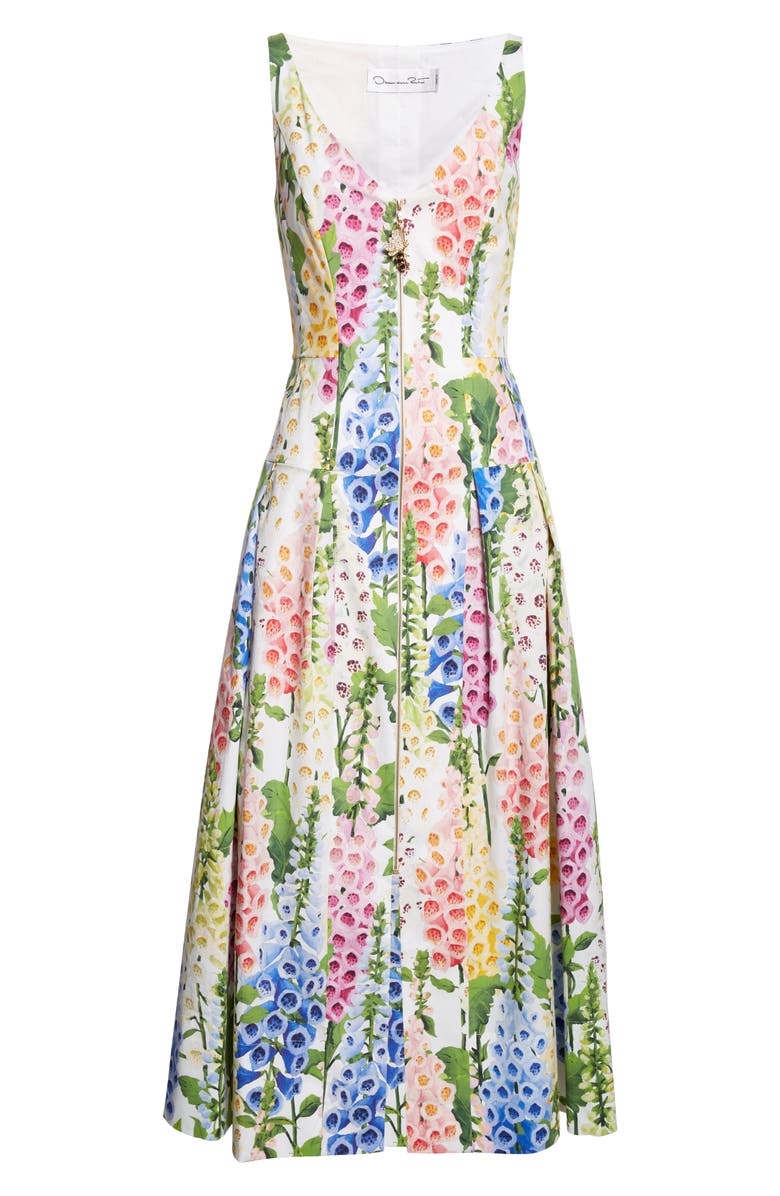 Oscar de la Renta Foxglove Print Sleeveless Stretch Poplin Dress, Alternate, color, White Multi