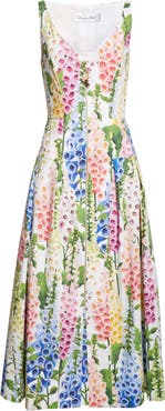 Oscar de la Renta Foxglove Print Sleeveless Stretch Poplin Dress