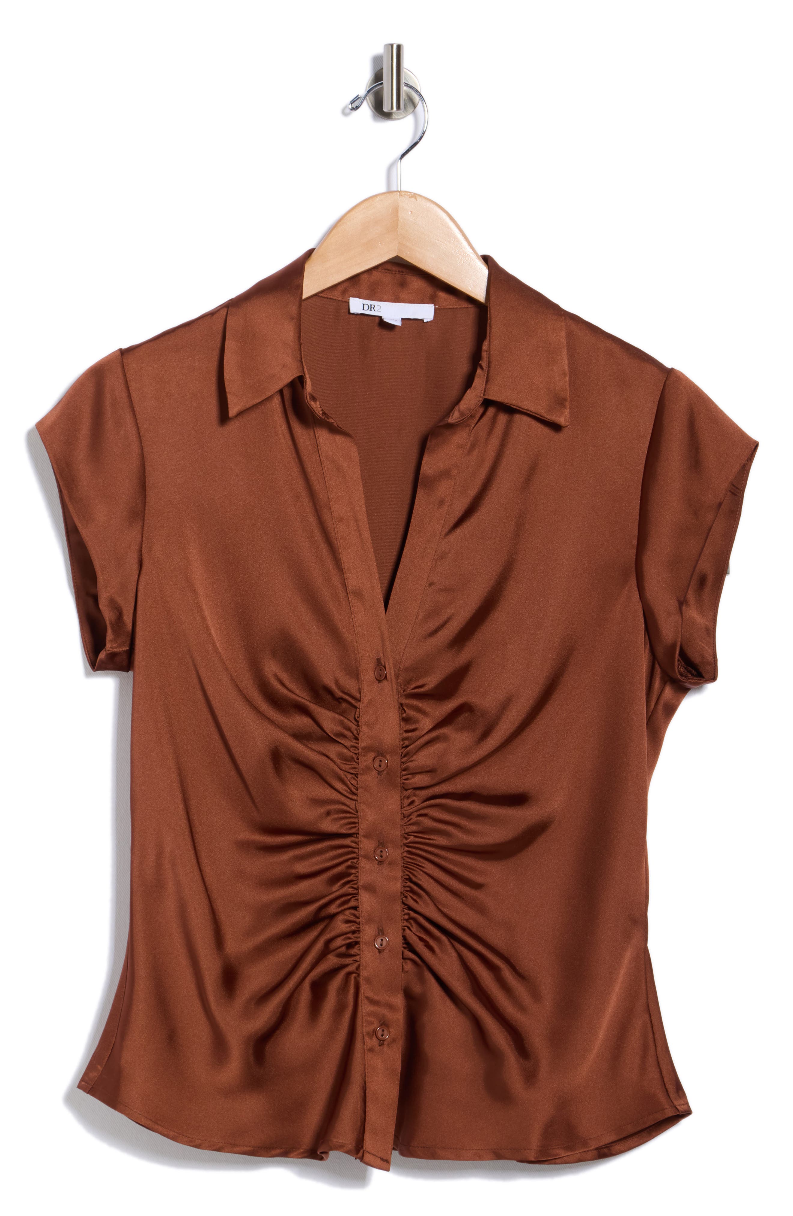 DR2 by Daniel Rainn Ruched Satin Button-Front Cap Sleeve Blouse