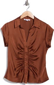 DR2 by Daniel Rainn Ruched Satin Button-Front Cap Sleeve Blouse