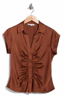 DR2 by Daniel Rainn Ruched Satin Button-Front Cap Sleeve Blouse