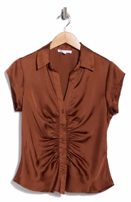 DR2 by Daniel Rainn Ruched Satin Button-Front Cap Sleeve Blouse