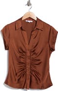 DR2 by Daniel Rainn Ruched Satin Button-Front Cap Sleeve Blouse