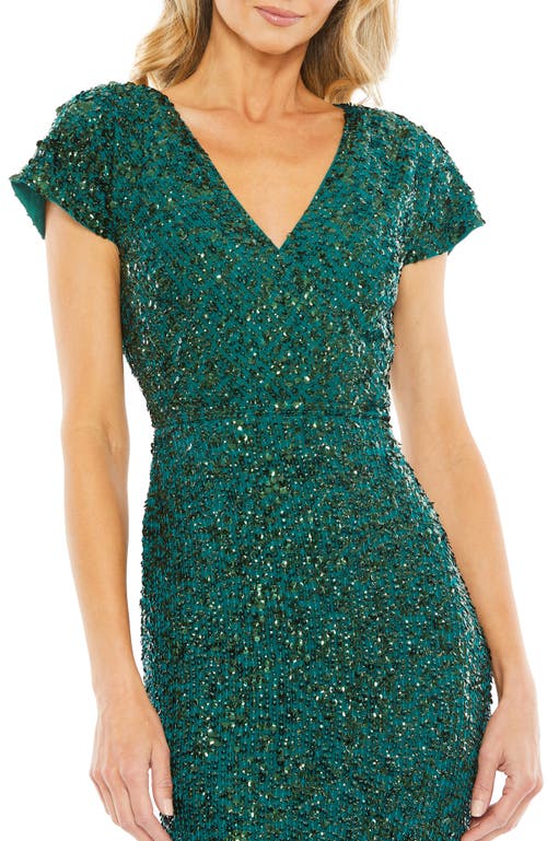 Mac Duggal Sequined Short Sleeve Wrap Over Cocktail Dress In Green