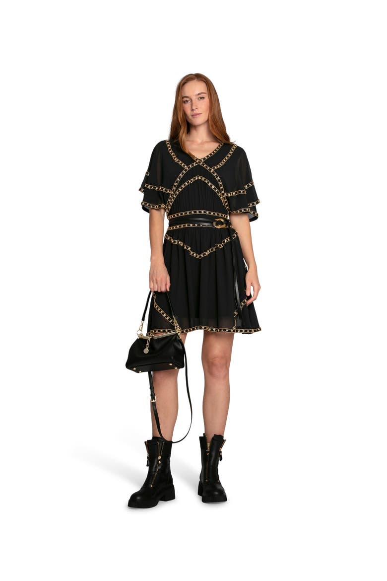 Golden Mark Beaded Trim Mini Dress, Alternate, color, Black