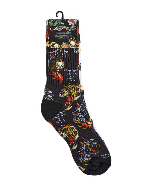 Ed Hardy Mens 360 Tiger Print Full Cushion Crew Sock 2-pack In Gray