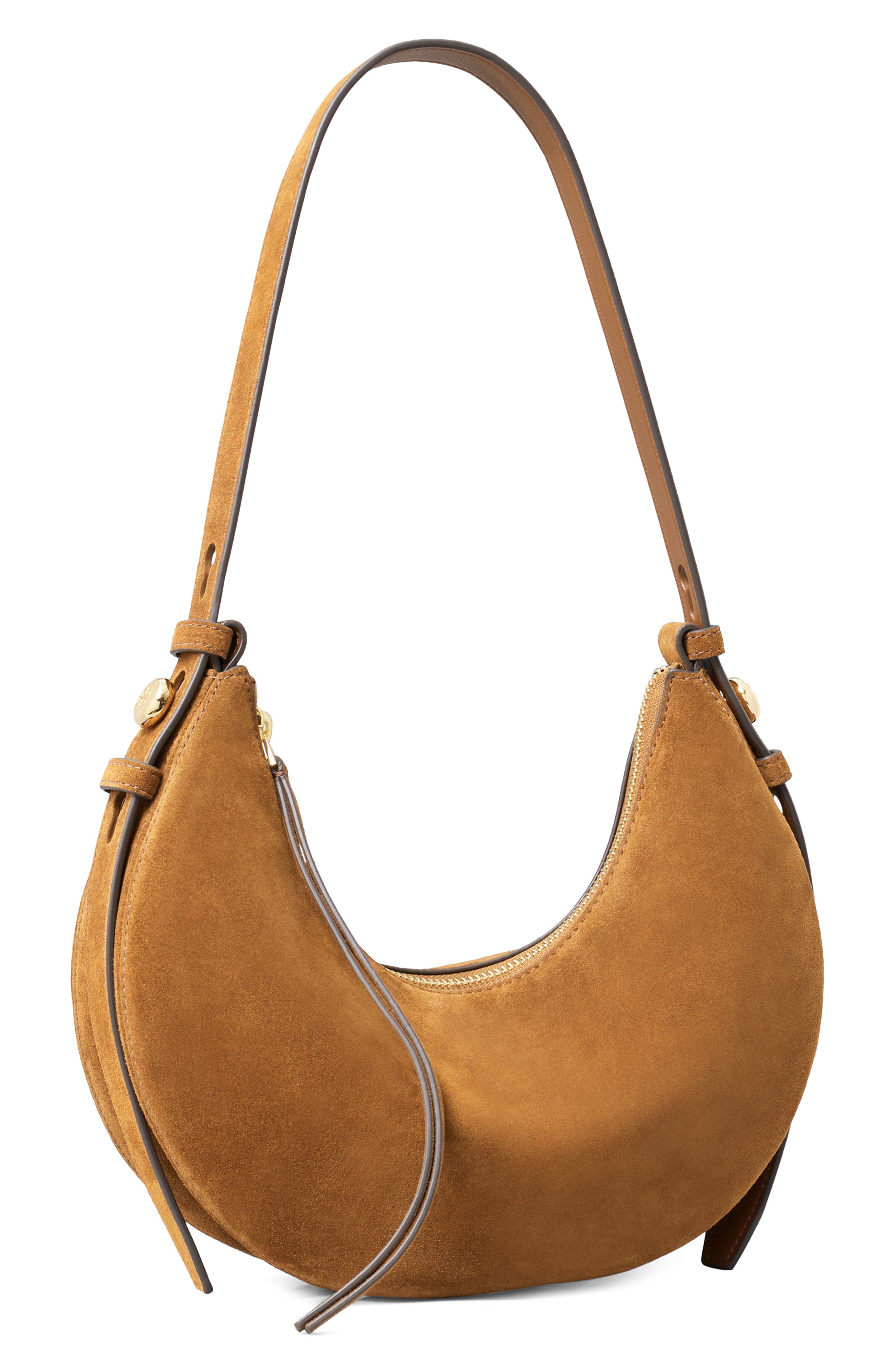 Romy Suede Half Moon Shoulder Bag, Alternate, color, CARAMEL
