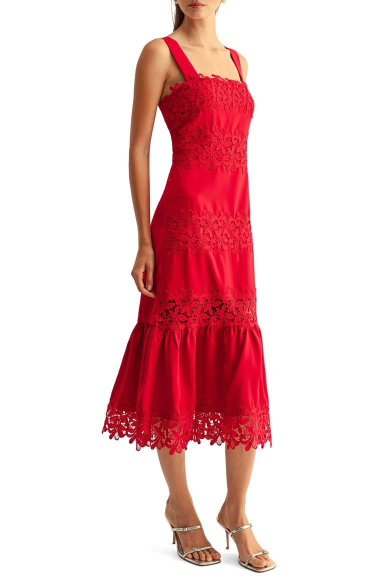 Davina Embroidered Lace Detail Midi Dress, Alternate, color, CRIMSON